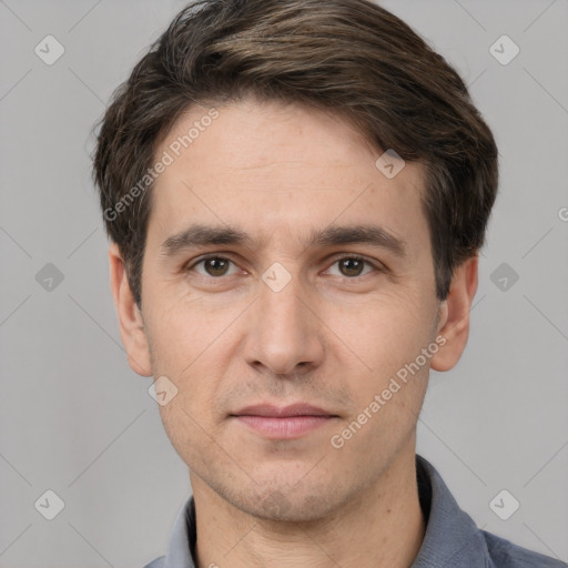 Neutral white adult male with short  brown hair and brown eyes