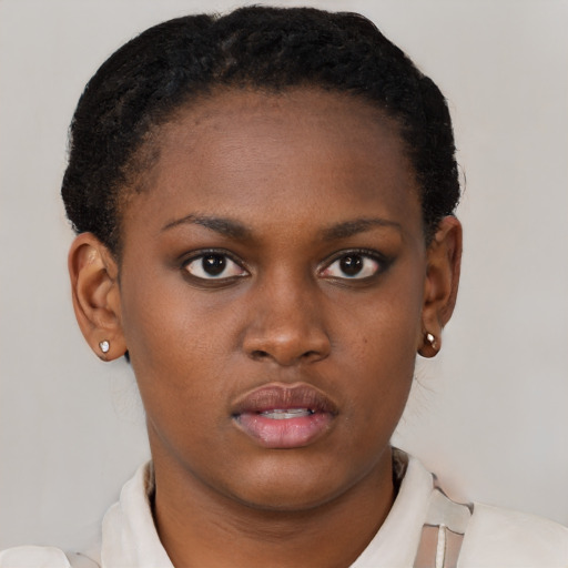 Neutral black young-adult female with short  brown hair and brown eyes