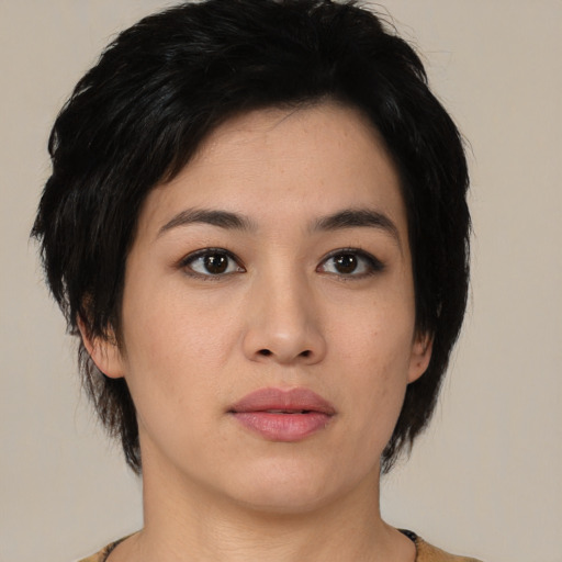 Neutral asian young-adult female with medium  black hair and brown eyes