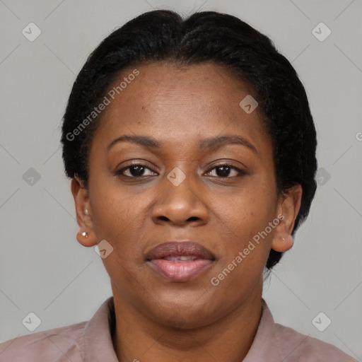 Neutral black adult female with short  black hair and brown eyes