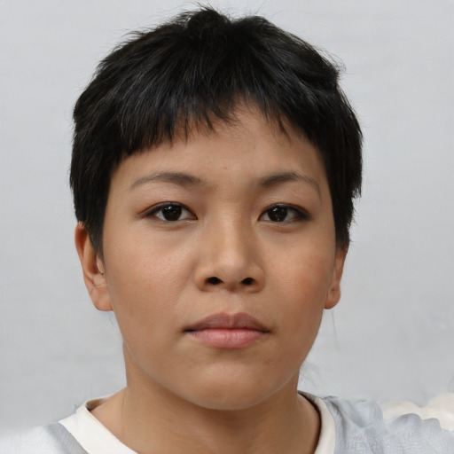 Neutral asian young-adult female with short  brown hair and brown eyes