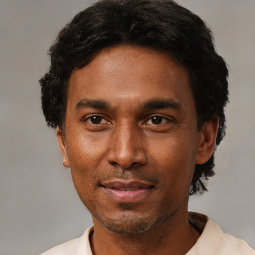Neutral black adult male with short  black hair and brown eyes