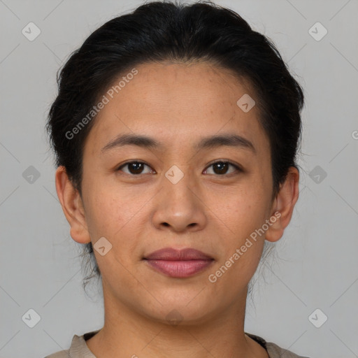 Joyful asian young-adult female with short  brown hair and brown eyes