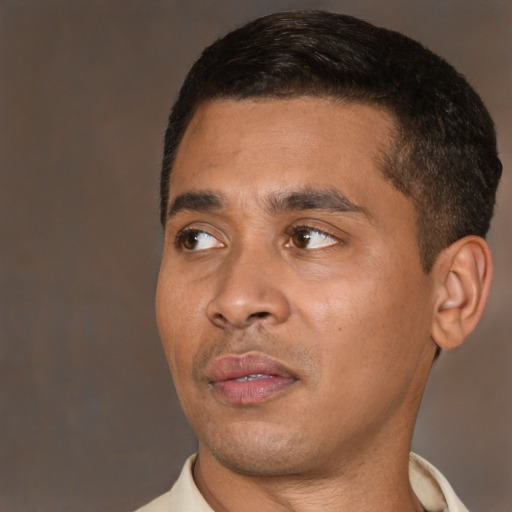 Neutral black young-adult male with short  black hair and brown eyes