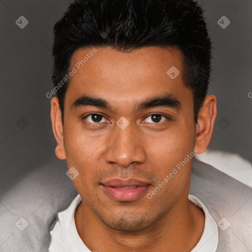 Neutral latino young-adult male with short  black hair and brown eyes