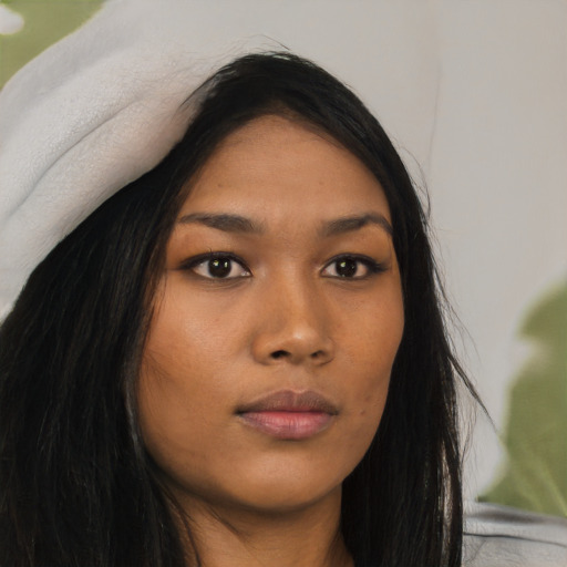 Neutral asian young-adult female with long  black hair and brown eyes