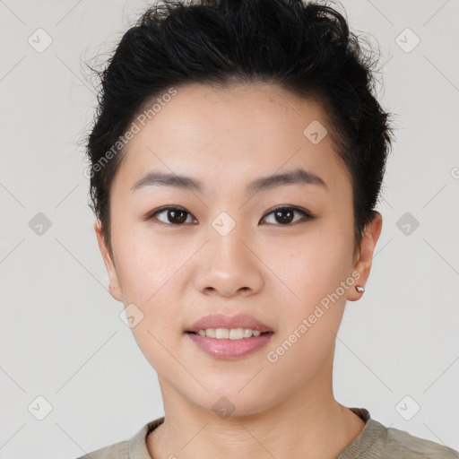 Joyful asian young-adult female with short  black hair and brown eyes