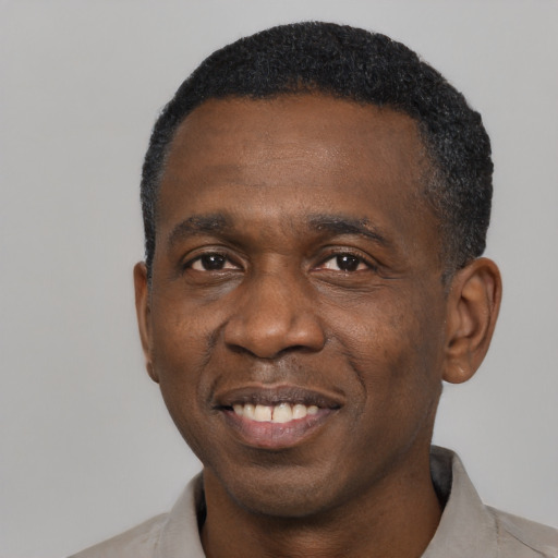 Joyful black adult male with short  black hair and brown eyes
