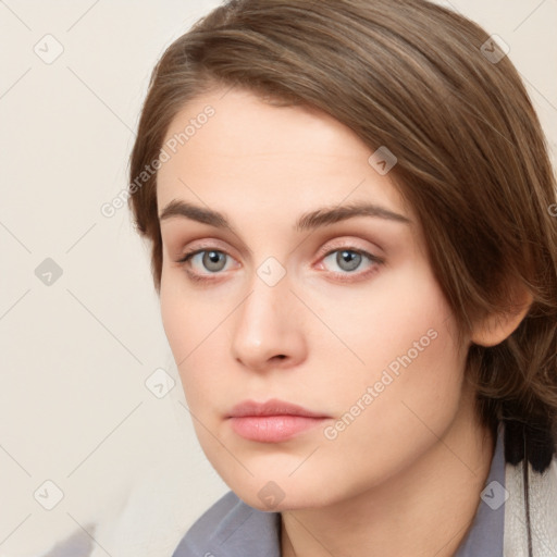 Neutral white young-adult female with medium  brown hair and grey eyes