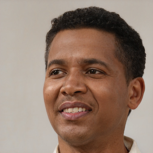 Joyful black adult male with short  brown hair and brown eyes