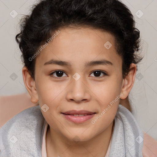 Joyful white child female with medium  brown hair and brown eyes