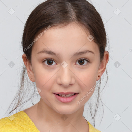 Joyful white child female with medium  brown hair and brown eyes