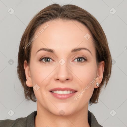 Joyful white young-adult female with medium  brown hair and grey eyes