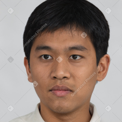 Neutral asian young-adult male with short  black hair and brown eyes