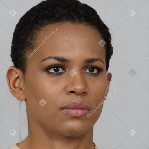 Neutral black young-adult female with short  brown hair and brown eyes