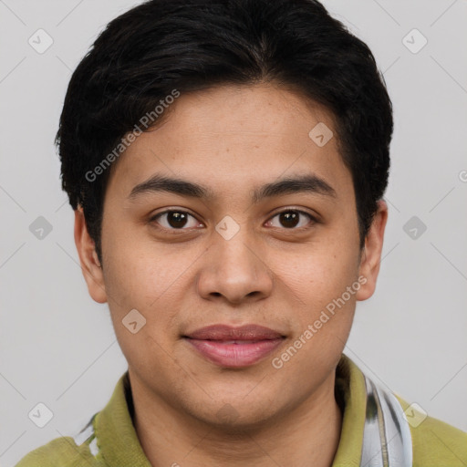 Joyful asian young-adult male with short  brown hair and brown eyes