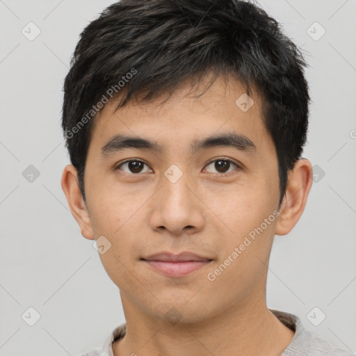 Neutral asian young-adult male with short  black hair and brown eyes