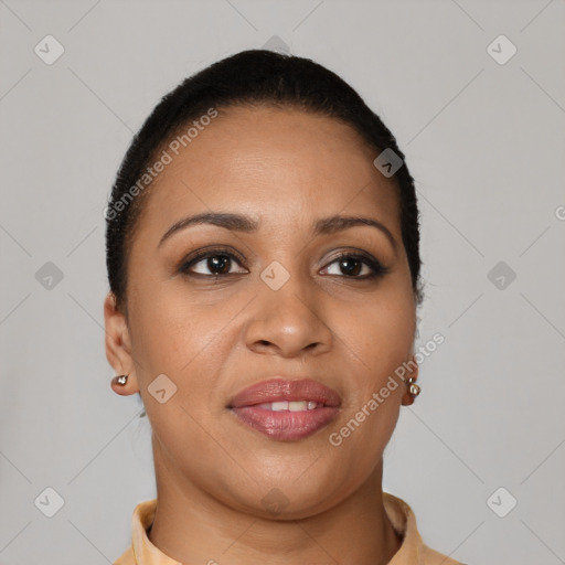 Joyful latino young-adult female with short  brown hair and brown eyes