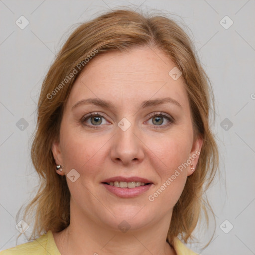 Joyful white young-adult female with medium  brown hair and blue eyes