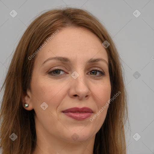 Joyful white adult female with long  brown hair and grey eyes