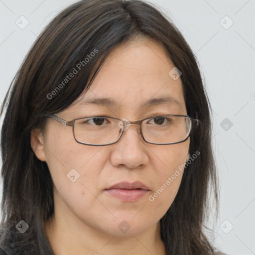 Joyful white adult female with long  brown hair and brown eyes