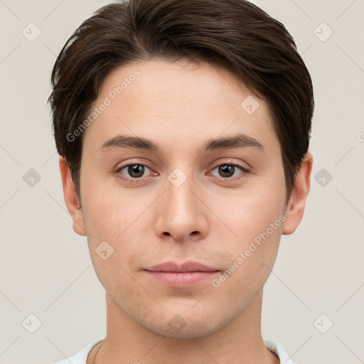 Neutral white young-adult male with short  brown hair and brown eyes