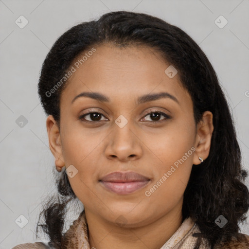 Joyful latino young-adult female with medium  brown hair and brown eyes