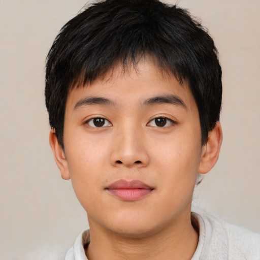 Neutral asian young-adult male with short  brown hair and brown eyes