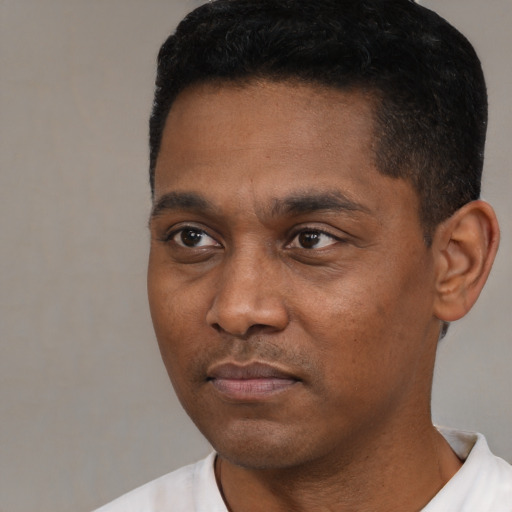 Neutral black young-adult male with short  black hair and brown eyes