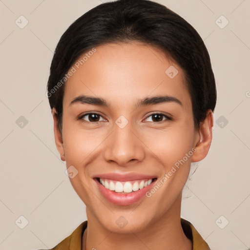 Joyful white young-adult female with short  brown hair and brown eyes