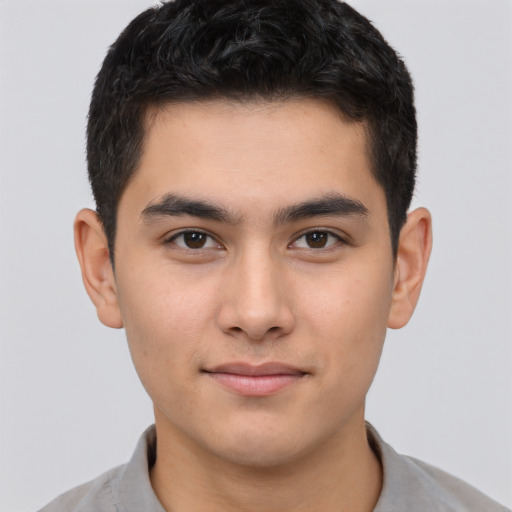 Neutral white young-adult male with short  brown hair and brown eyes