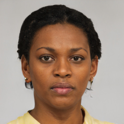 Neutral black young-adult female with short  black hair and brown eyes