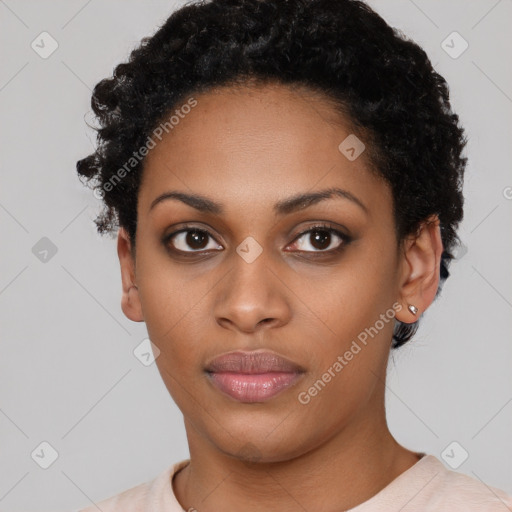 Neutral black young-adult female with short  black hair and brown eyes