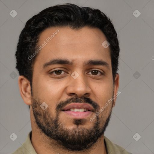 Neutral latino young-adult male with short  brown hair and brown eyes
