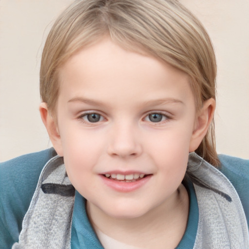 Joyful white child female with medium  brown hair and blue eyes