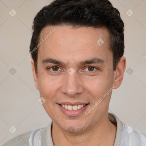 Joyful white adult male with short  brown hair and brown eyes