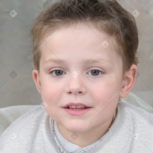 Joyful white child female with short  brown hair and brown eyes