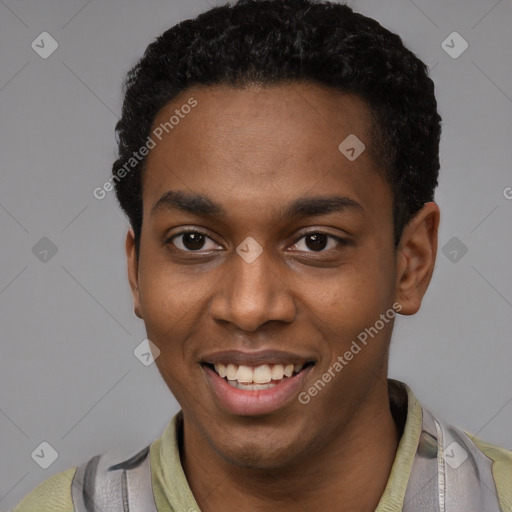 Joyful black young-adult male with short  black hair and brown eyes