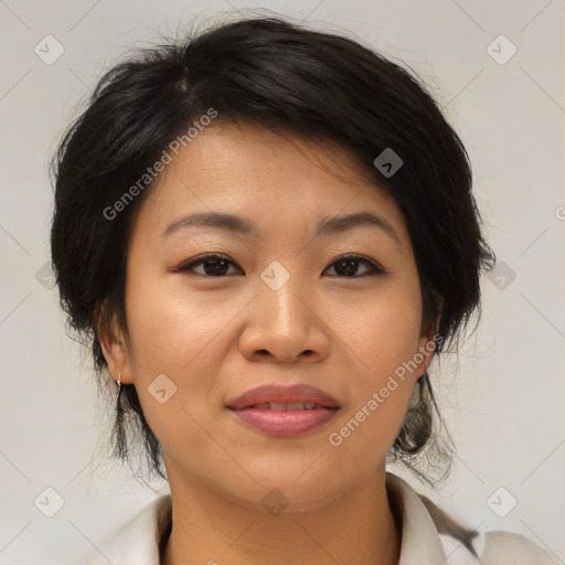 Joyful asian young-adult female with medium  brown hair and brown eyes