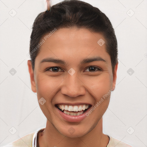 Joyful white young-adult female with short  brown hair and brown eyes