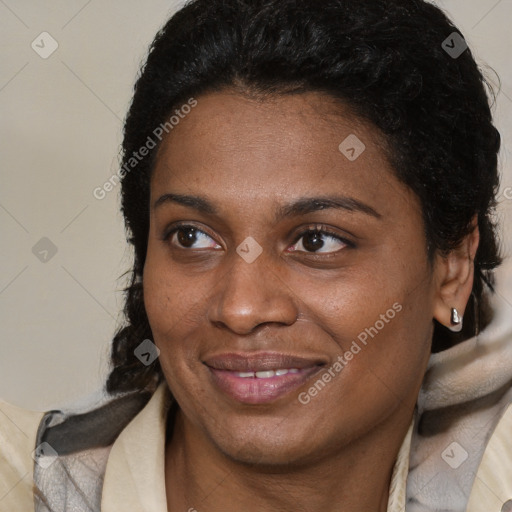 Joyful black young-adult female with medium  brown hair and brown eyes