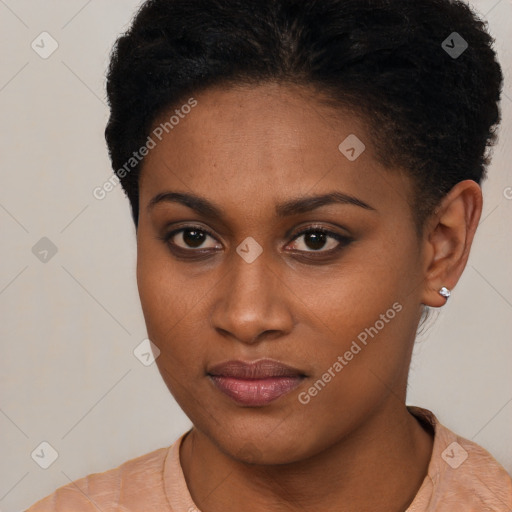 Neutral black young-adult female with short  black hair and brown eyes