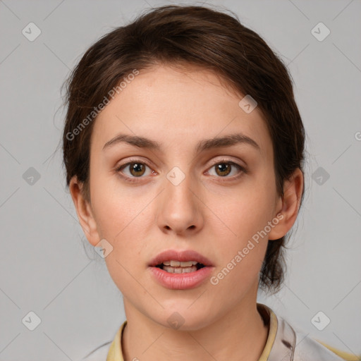 Neutral white young-adult female with medium  brown hair and brown eyes