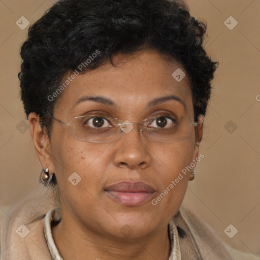 Joyful black adult female with short  brown hair and brown eyes