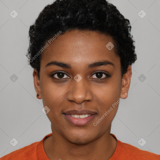 Joyful black young-adult female with short  black hair and brown eyes