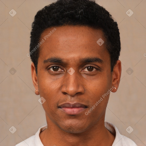 Neutral black young-adult male with short  black hair and brown eyes