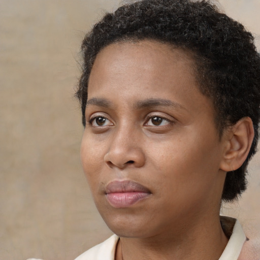 Neutral black young-adult female with short  brown hair and brown eyes