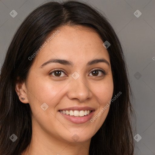 Joyful white young-adult female with long  brown hair and brown eyes