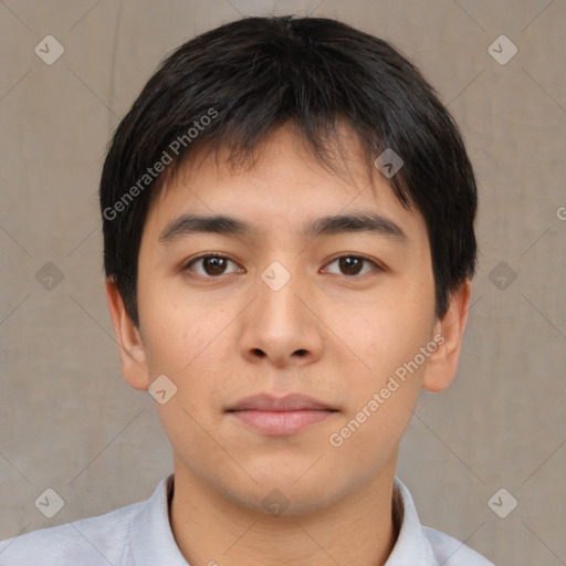 Neutral asian young-adult male with short  brown hair and brown eyes