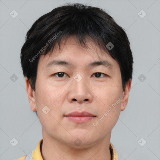 Neutral asian adult male with short  brown hair and brown eyes